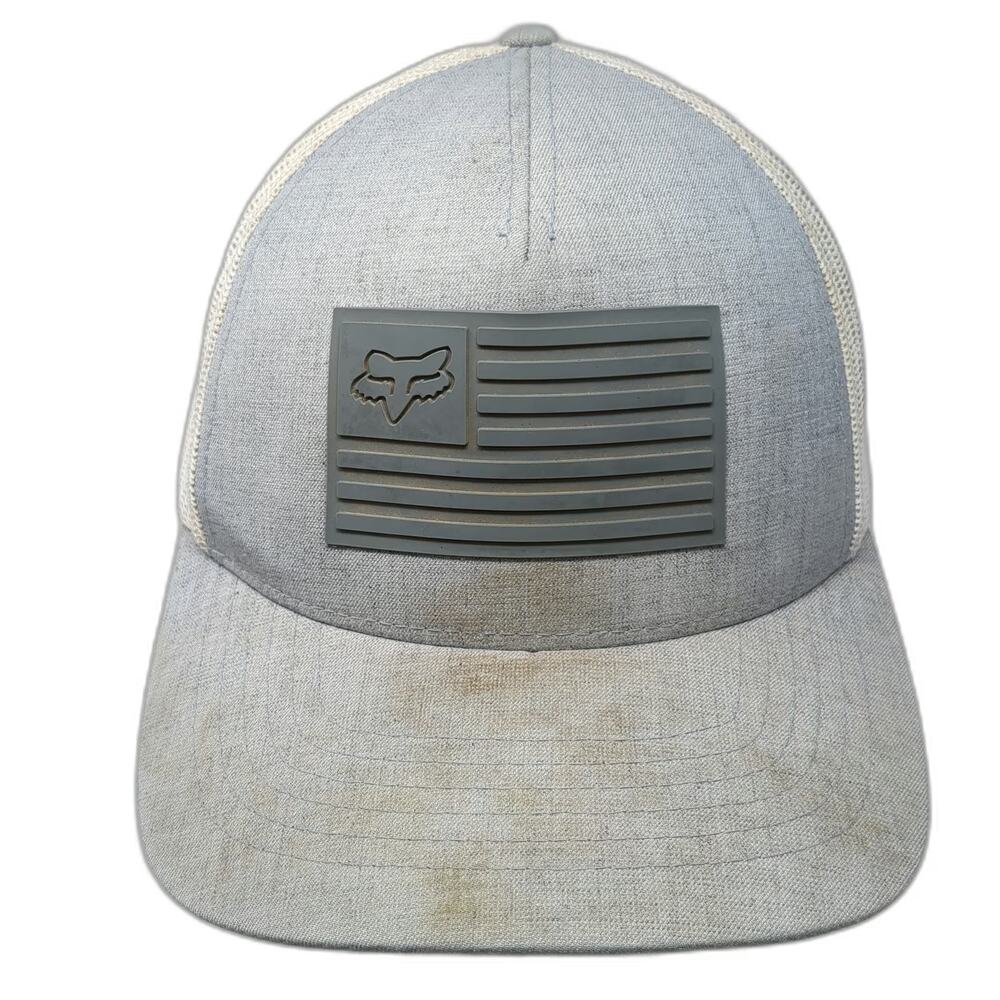 Fox Trucker Hat Gray One Size Mesh Back Snapback Rubber Patch Flag Logo Graphic